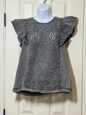 Bohera Gray Eyelet Flutter Sleeve Blouse M NWT Boho Cottagecore Lace Top